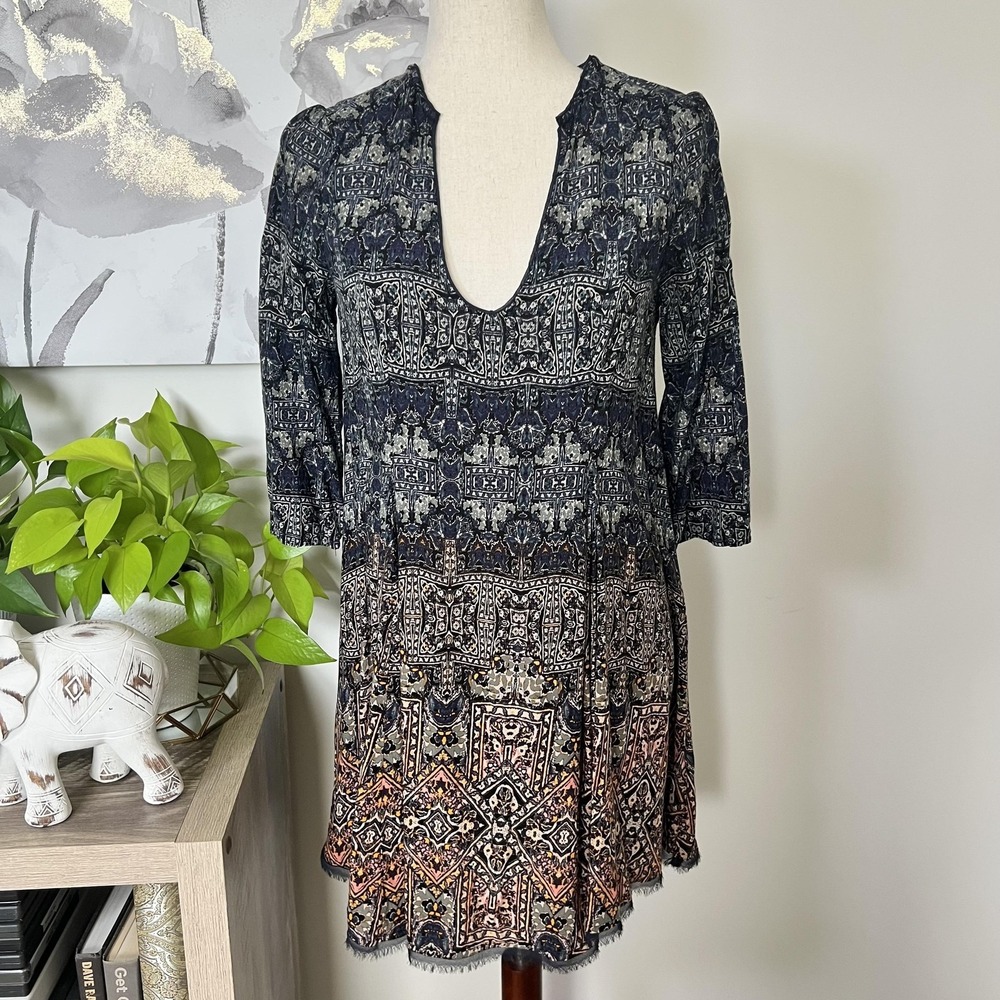 Ecote Dress Willow Frock Small Geometric Boho Festival Swing V Neck 3/4 Sleeve